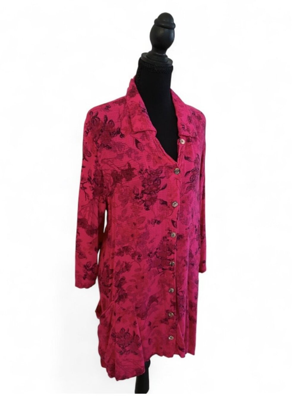 Vintage Lagenlook Pink Flowy Shirt Whimsical Dress Button Down Asymmetrical Hem